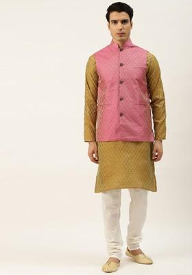 Olive Ethnic Motifs Jacquard Kurta Set For Men