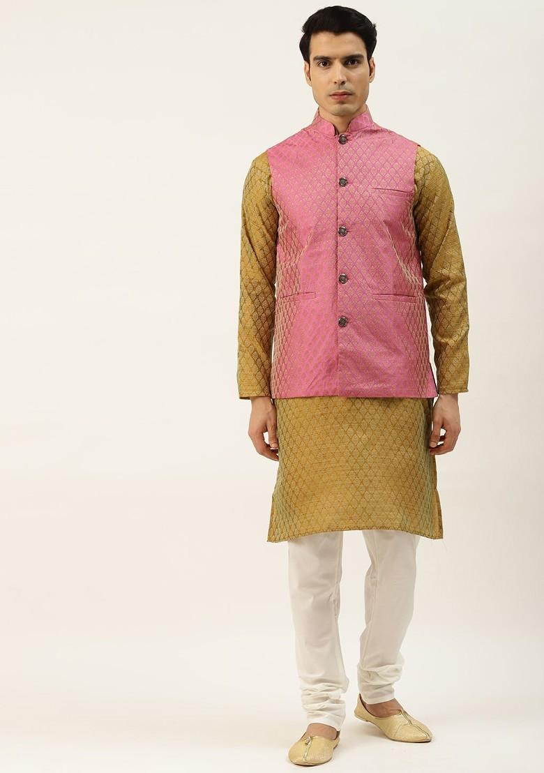 Olive Ethnic Motifs Jacquard Kurta Set For Men