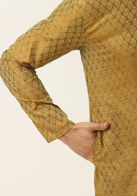 Olive Ethnic Motifs Jacquard Kurta Set For Men