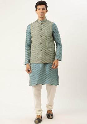 Teal Blue Ethnic Motifs Poly Blend Kurta Set For Men