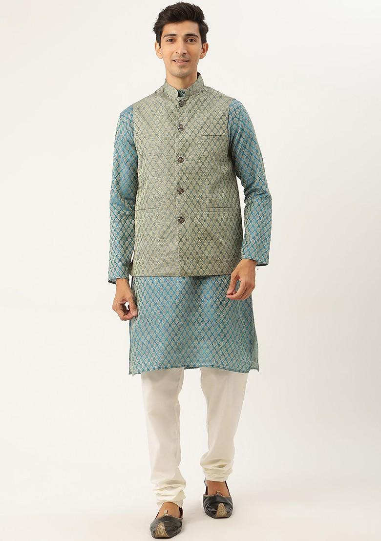 Teal Blue Ethnic Motifs Poly Blend Kurta Set For Men