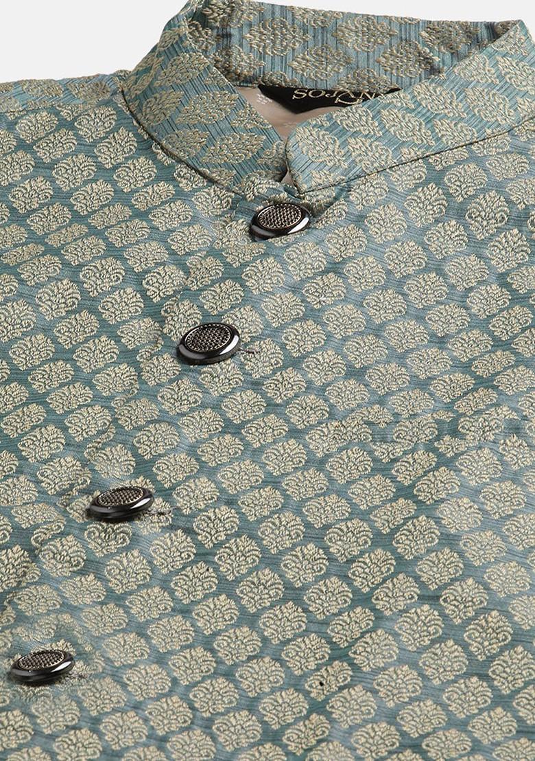 Teal Blue Ethnic Motifs Poly Blend Kurta Set For Men