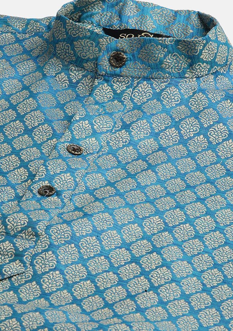 Teal Blue Ethnic Motifs Poly Blend Kurta Set For Men