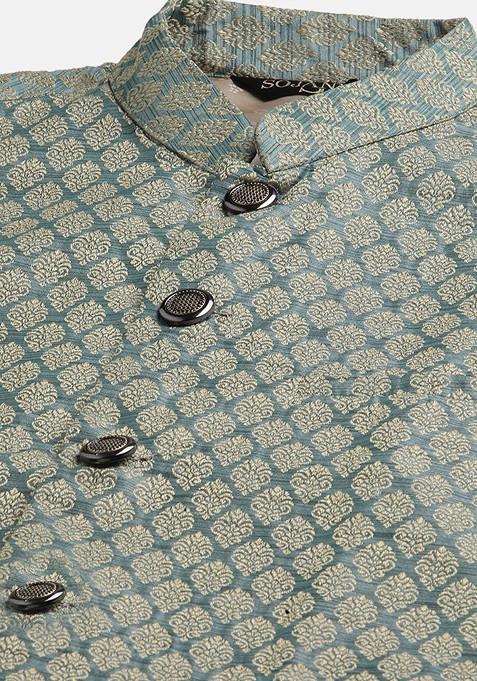 Teal Blue Ethnic Motifs Poly Blend Kurta Set For Men