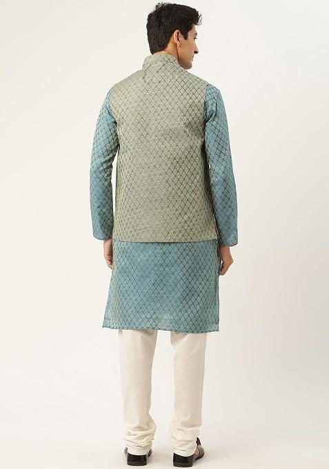 Teal Blue Ethnic Motifs Poly Blend Kurta Set For Men