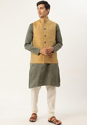 Green Ethnic Motifs Poly Blend Kurta Set For Men