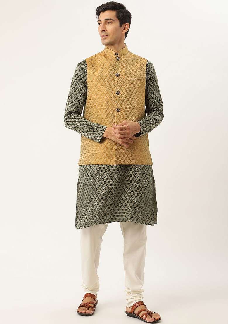 Green Ethnic Motifs Poly Blend Kurta Set For Men - Indya