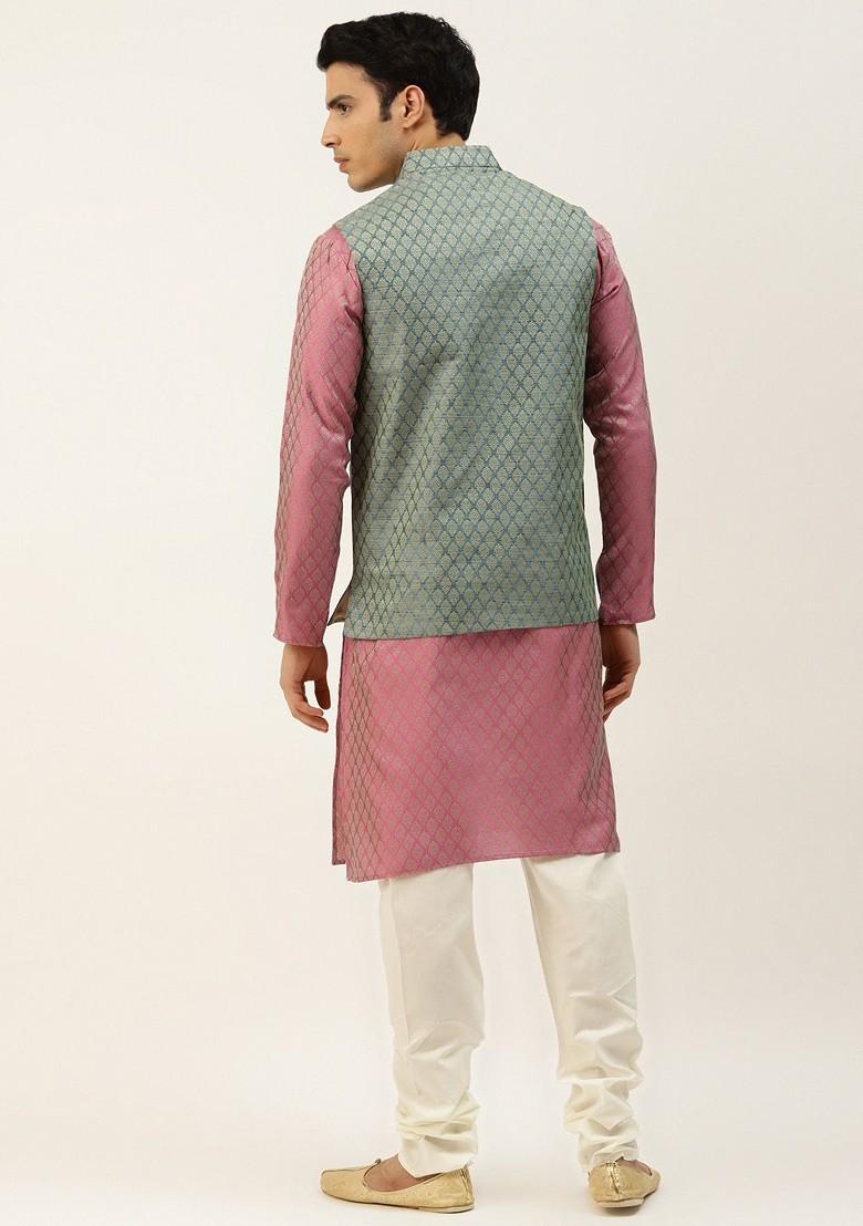 Pink Woven Poly Blend Kurta Set For Men