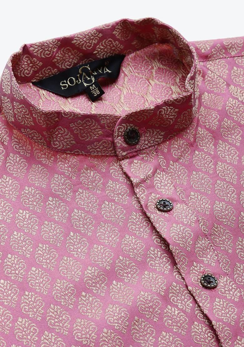 Pink Woven Poly Blend Kurta Set For Men