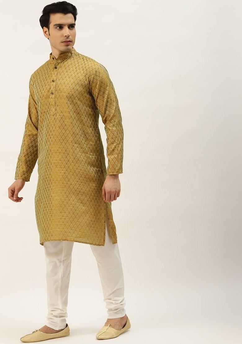 Olive Ethnic Motifs Jacquard Kurta Set For Men