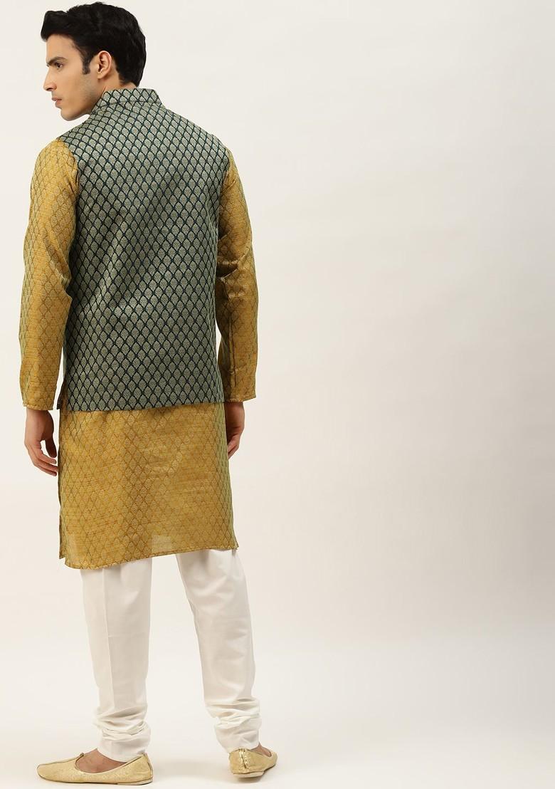 Olive Ethnic Motifs Jacquard Kurta Set For Men