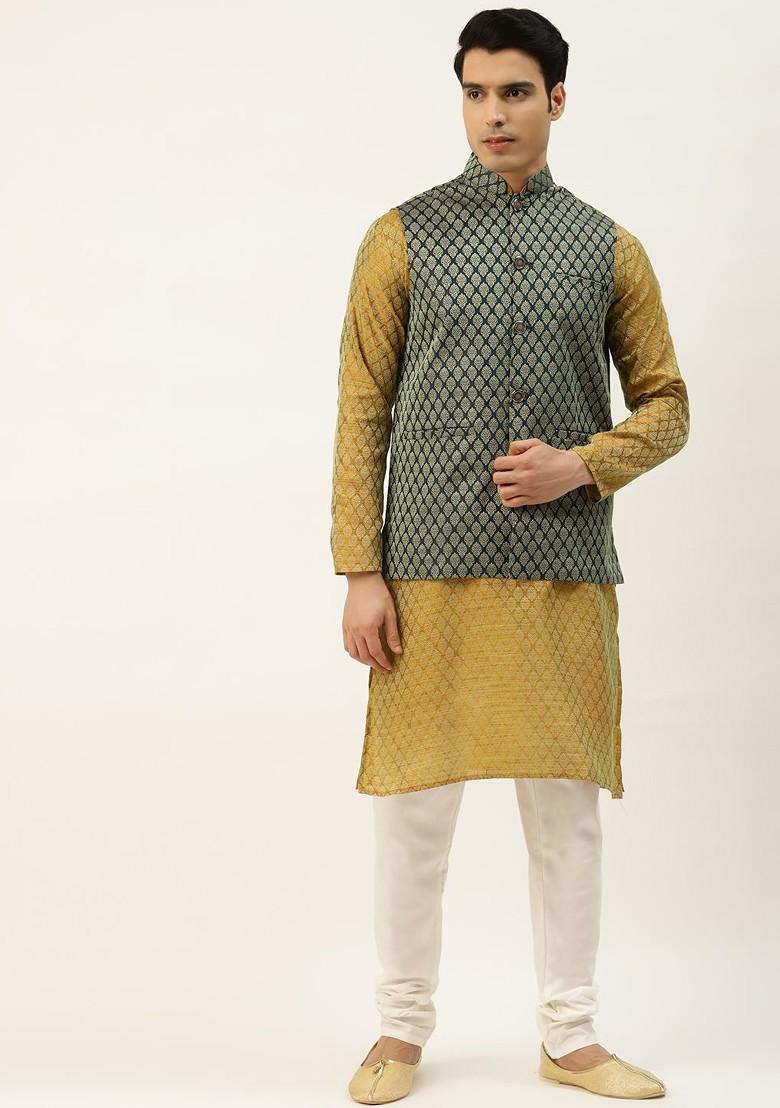 Olive Ethnic Motifs Jacquard Kurta Set For Men