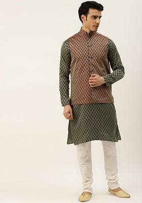 Olive Ethnic Motifs Jacquard Kurta Set For Men