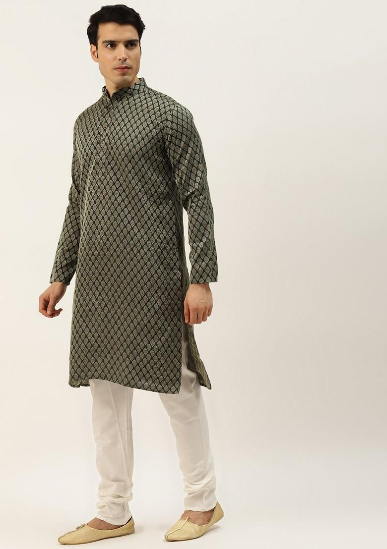 Olive Ethnic Motifs Jacquard Kurta Set For Men
