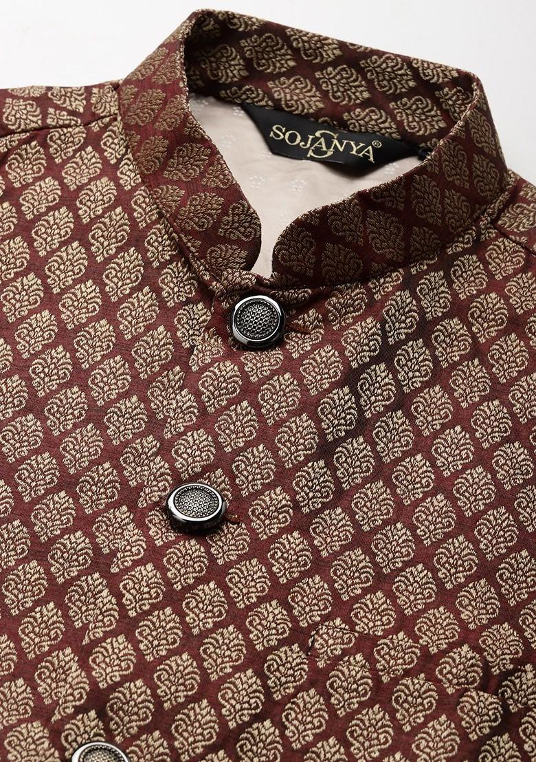 Olive Ethnic Motifs Jacquard Kurta Set For Men