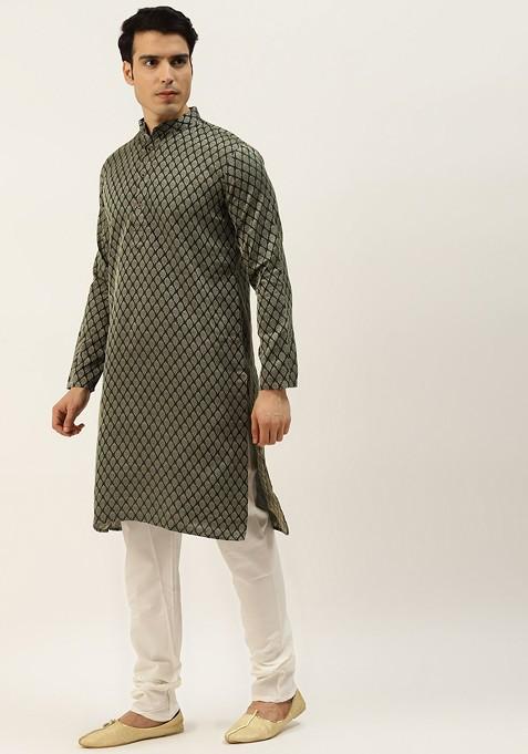 Olive Ethnic Motifs Jacquard Kurta Set For Men