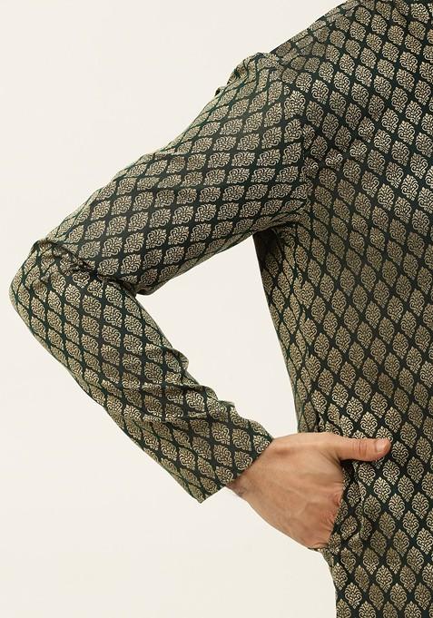 Olive Ethnic Motifs Jacquard Kurta Set For Men