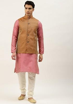 Pink Ethnic Motifs Poly Blend Kurta Set For Men