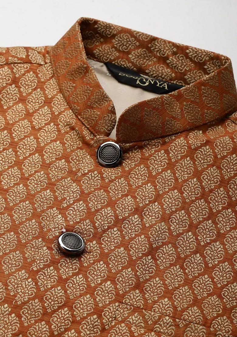 Pink Ethnic Motifs Poly Blend Kurta Set For Men