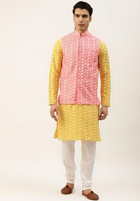 Yellow Thread Work Poly Blend Kurta Set For Men