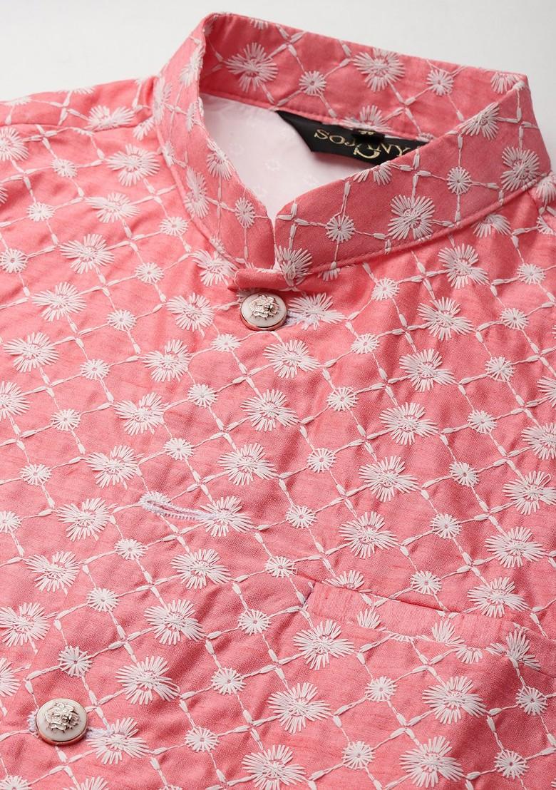 Yellow Thread Work Poly Blend Kurta Set For Men