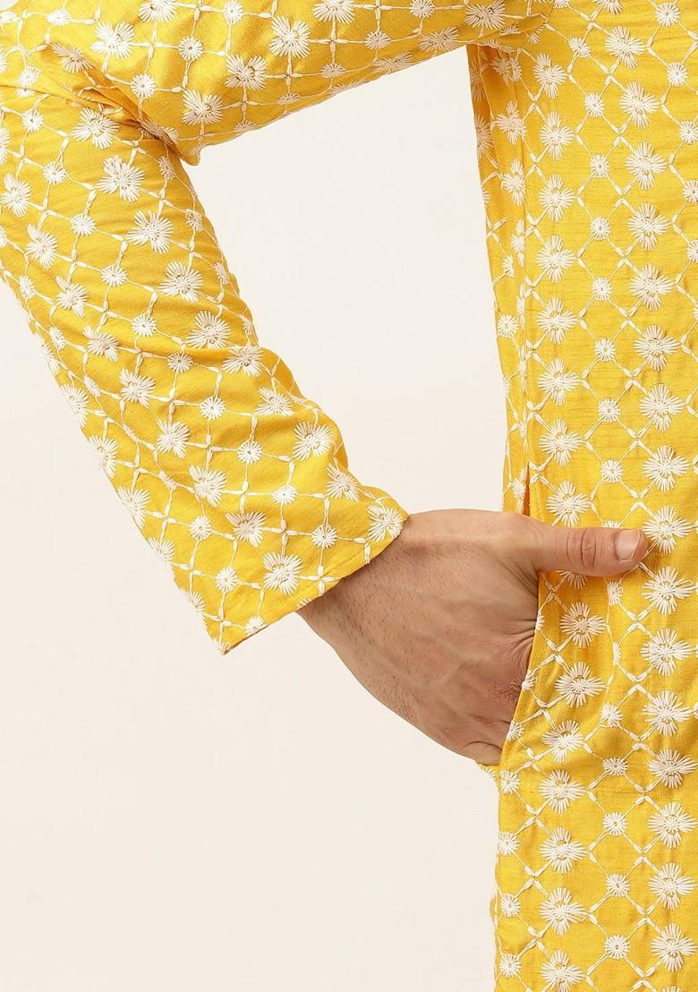 Yellow Thread Work Poly Blend Kurta Set For Men