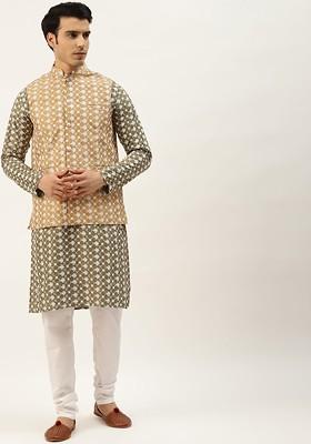 Olive Thread Work Poly Blend Kurta Set For Men