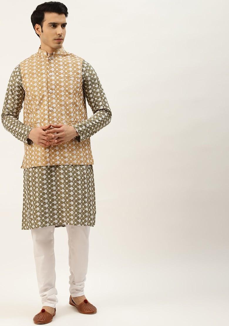Olive Thread Work Poly Blend Kurta Set For Men