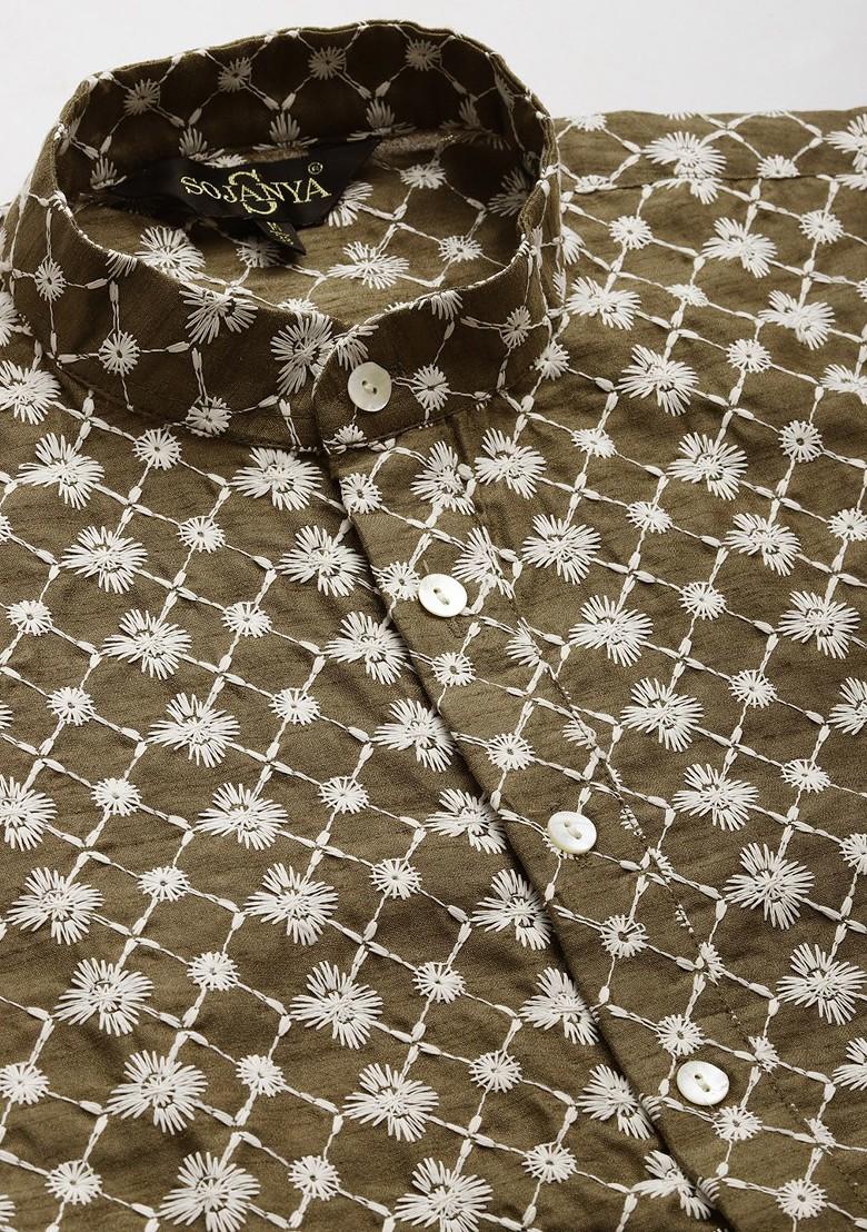 Olive Thread Work Poly Blend Kurta Set For Men