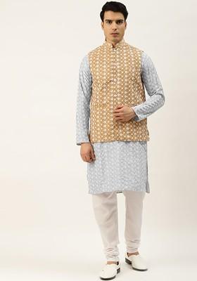 Grey Embroidered Poly Blend Kurta Set For Men