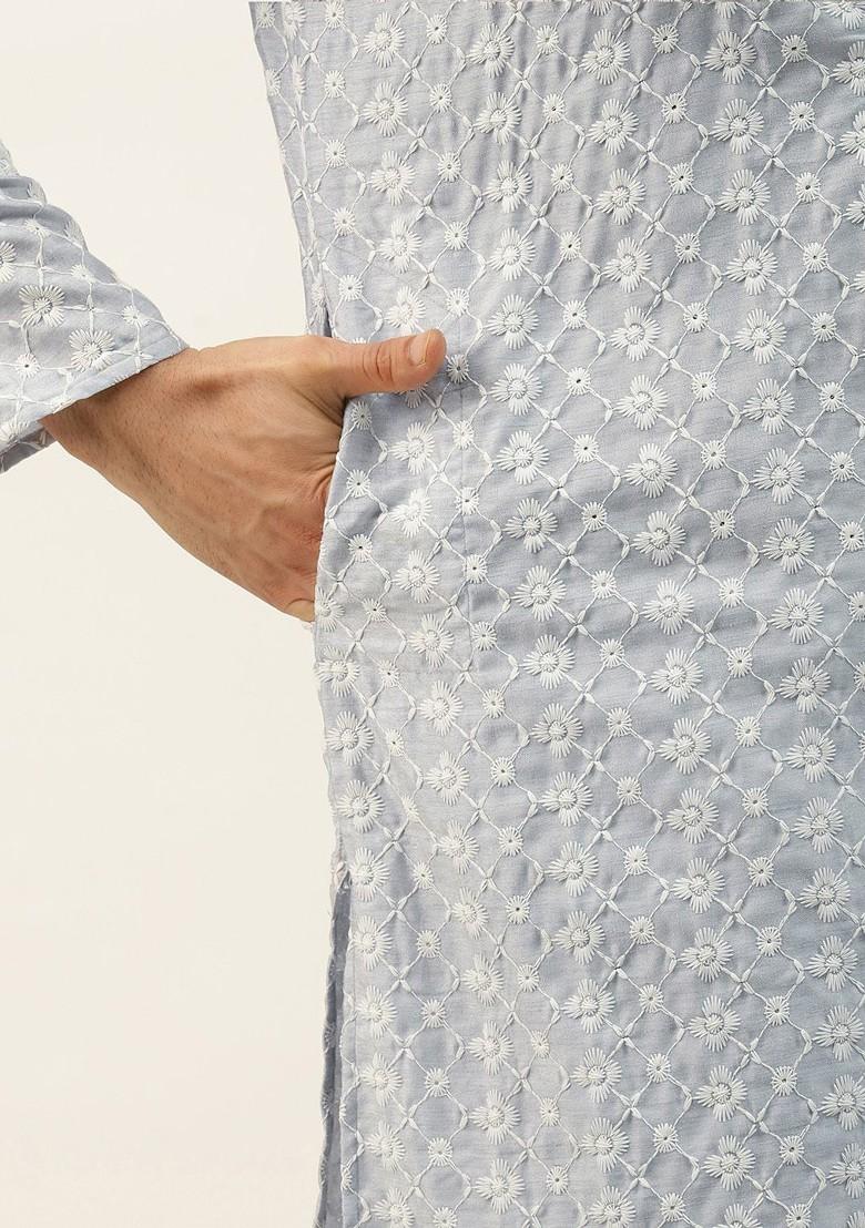Grey Embroidered Poly Blend Kurta Set For Men