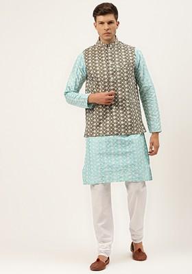 Blue Thread Work Poly Blend Kurta Set For Men