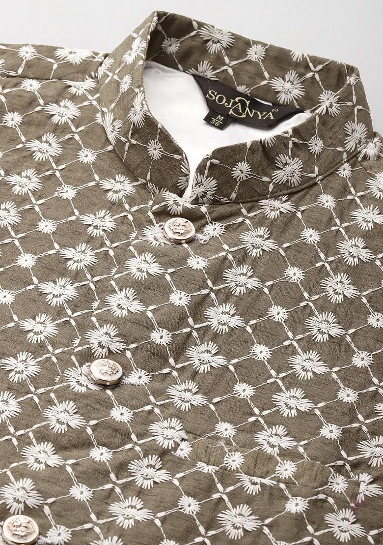 Blue Thread Work Poly Blend Kurta Set For Men