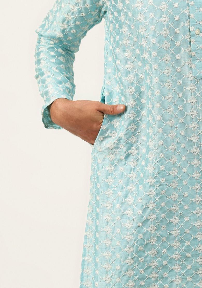 Blue Thread Work Poly Blend Kurta Set For Men
