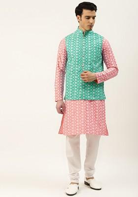 Pink Thread Work Poly Blend Kurta Set For Men