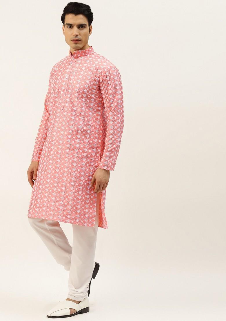 Pink Thread Work Poly Blend Kurta Set For Men