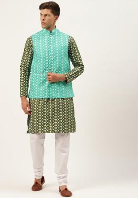 Olive Thread Work Poly Blend Kurta Set For Men