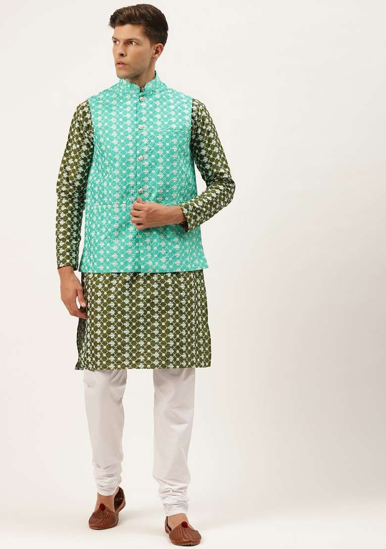 Olive Thread Work Poly Blend Kurta Set For Men - Indya