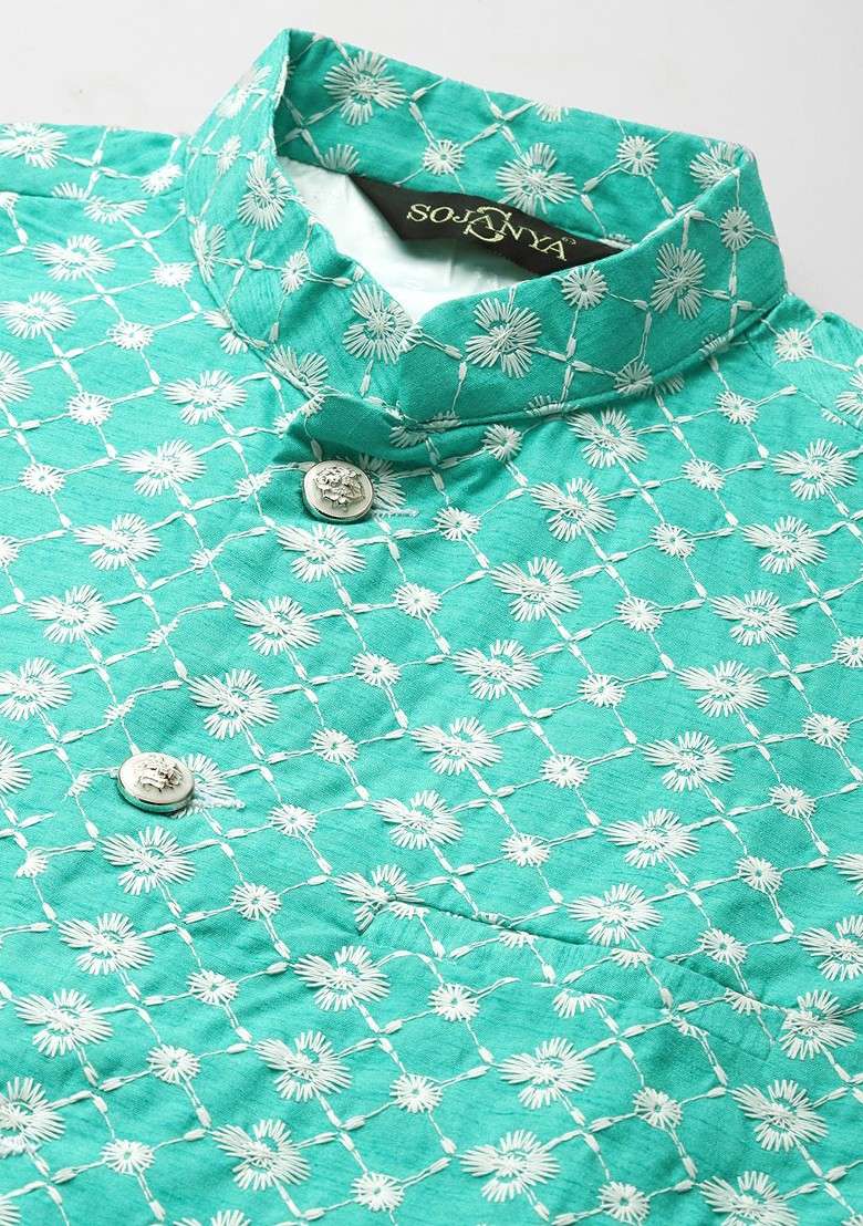 Olive Thread Work Poly Blend Kurta Set For Men - Indya