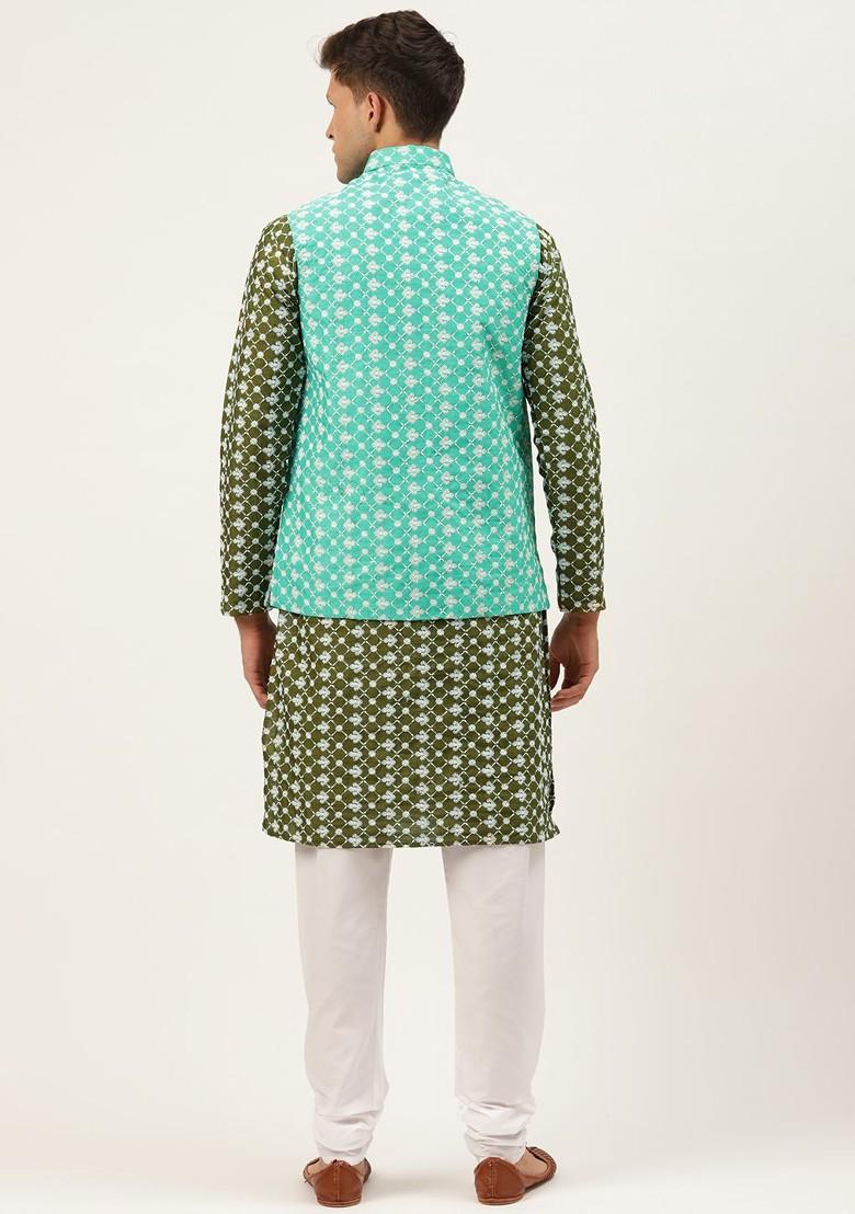 Olive Thread Work Poly Blend Kurta Set For Men