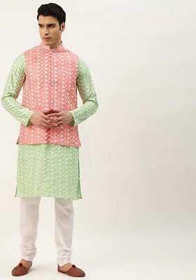 Green Thread Work Poly Blend Kurta Set For Men