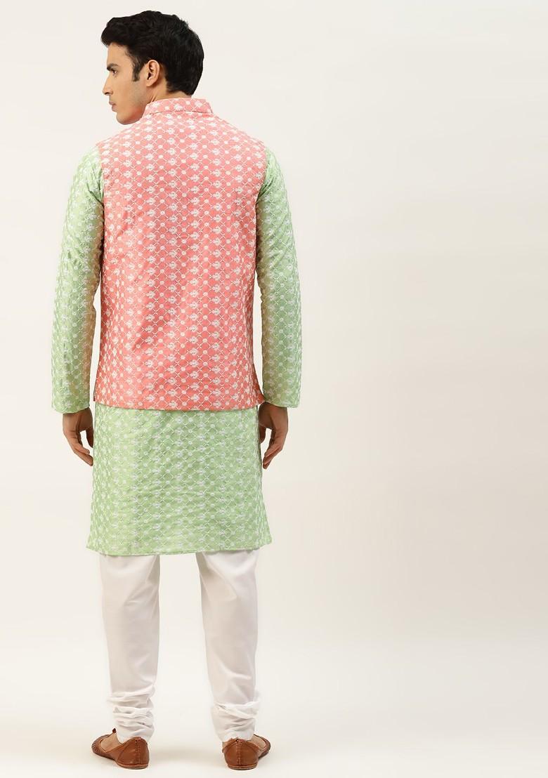 Green Thread Work Poly Blend Kurta Set For Men