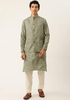 Green Ethnic Motifs Poly Blend Kurta Set For Men