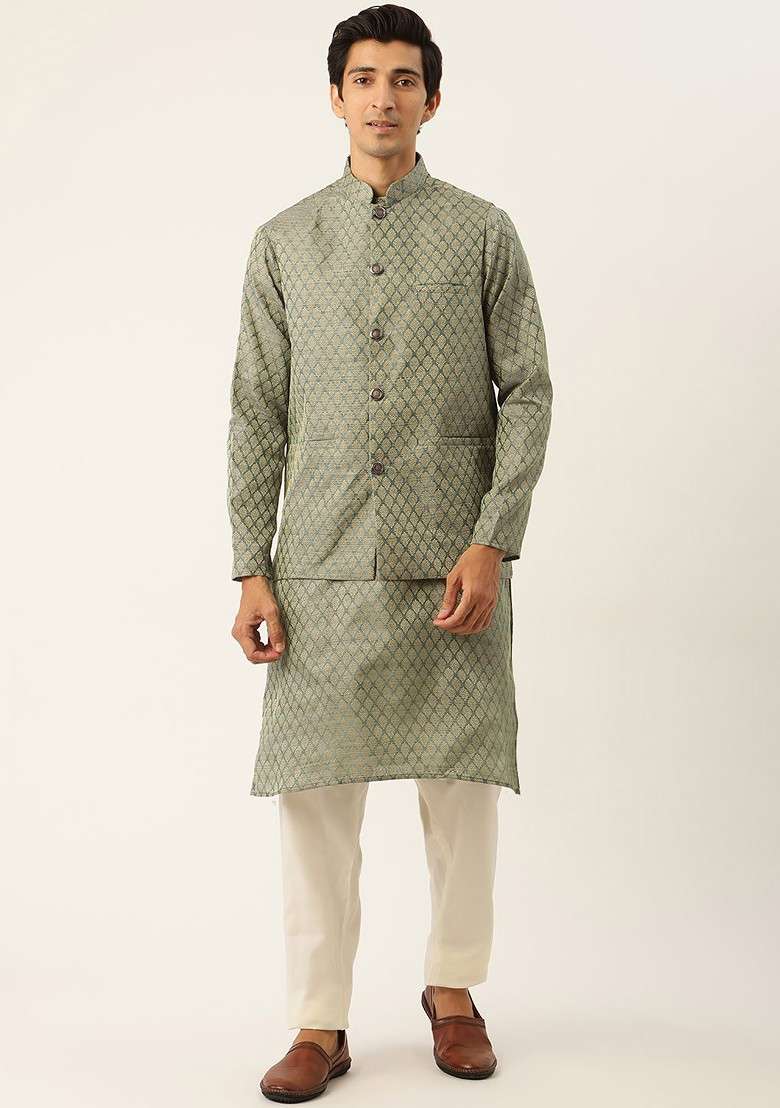 Green Ethnic Motifs Poly Blend Kurta Set For Men - Indya