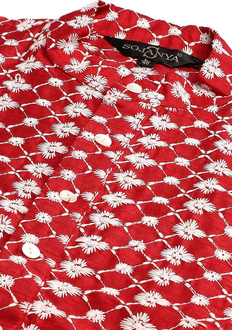 Maroon Embroidered Poly Blend Kurta Set For Men