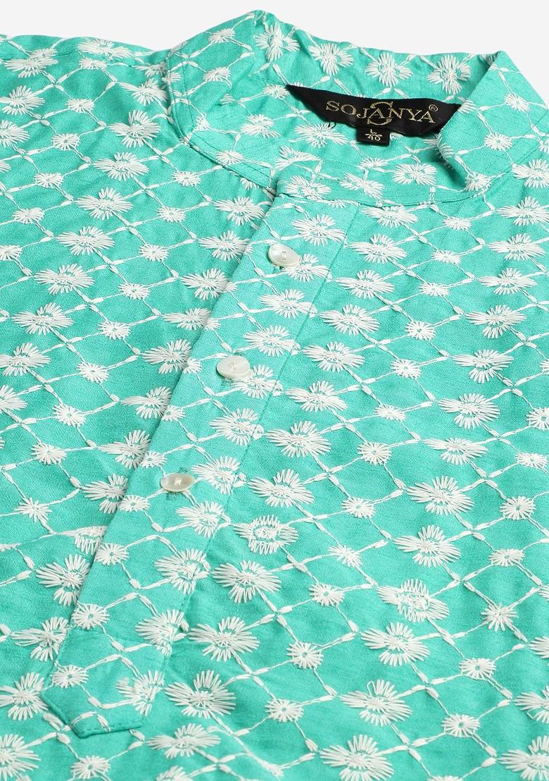 Blue Embroidered Poly Blend Kurta Set For Men
