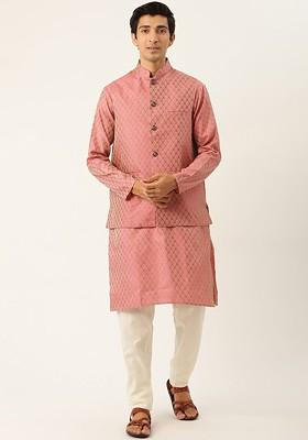 Pink Ethnic Motifs Poly Blend Kurta Set For Men
