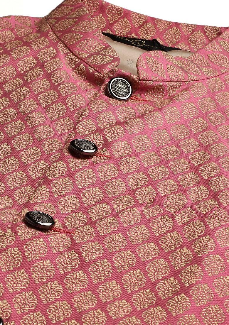 Pink Ethnic Motifs Poly Blend Kurta Set For Men