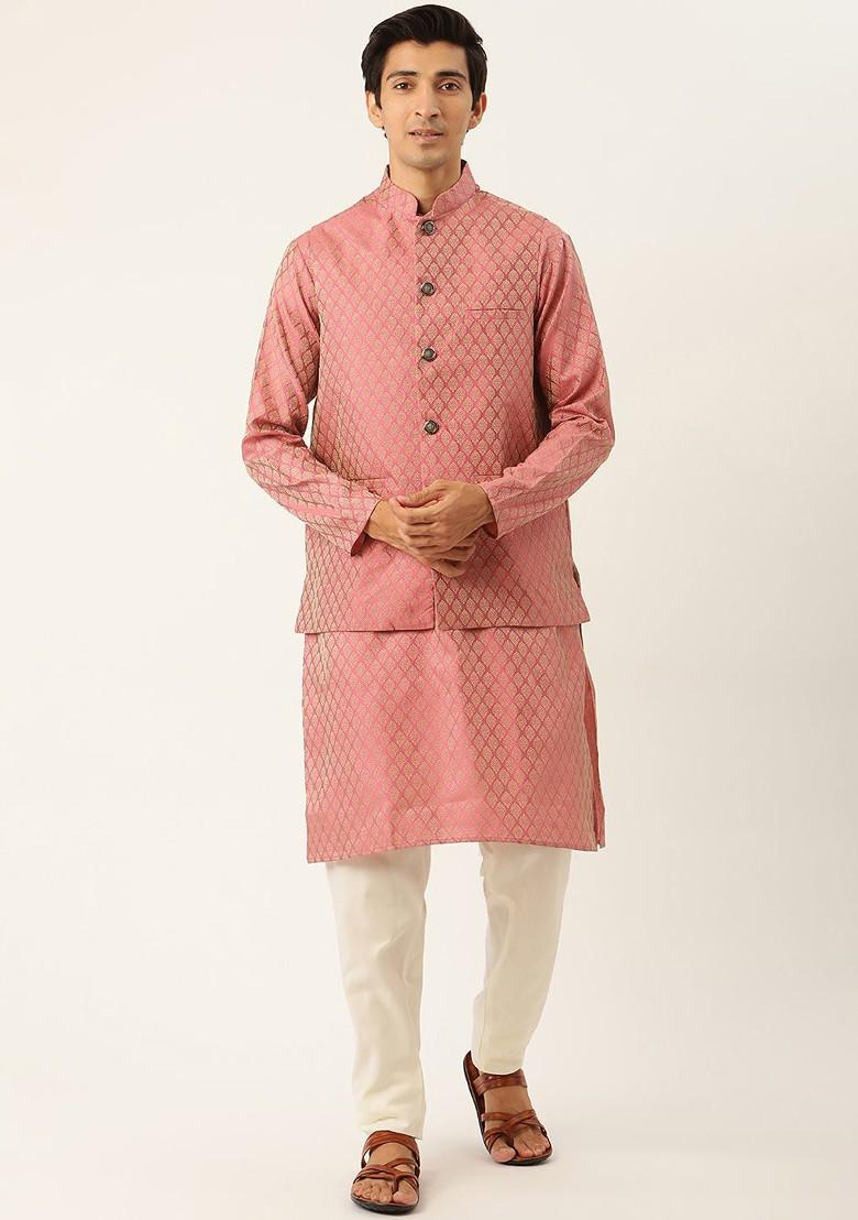 Pink Ethnic Motifs Poly Blend Kurta Set For Men