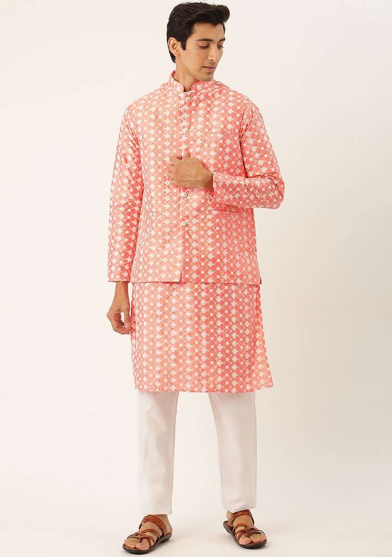 Peach Embroidered Poly Blend Kurta Set For Men - Indya